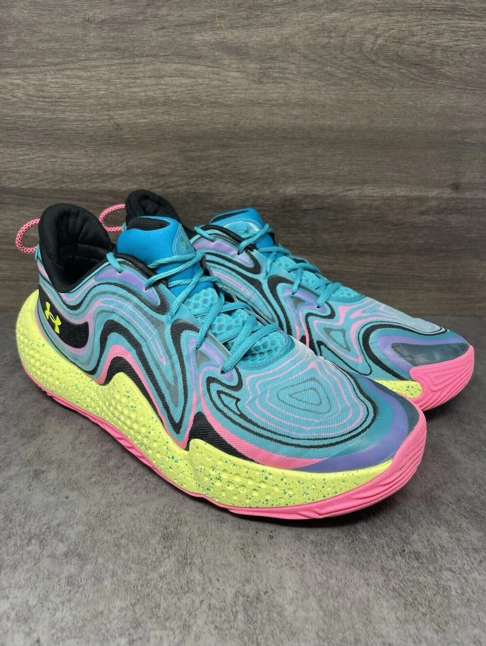 Under Armour Spawn 6 Mens Size 15 Blue Pink Volt Basketball Shoes Flow Cushion